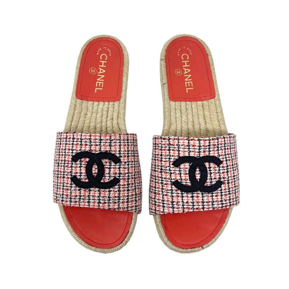 Chanel Tweed Espadrille Slide Sandals Red Black CC Logo Women Size‎ 40